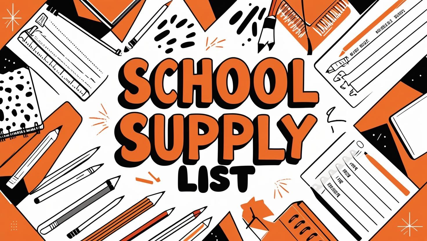  school supply list graphic with orange, black and white stationary illustrations